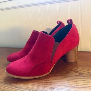 Red Suede Block Heel Booties for Women